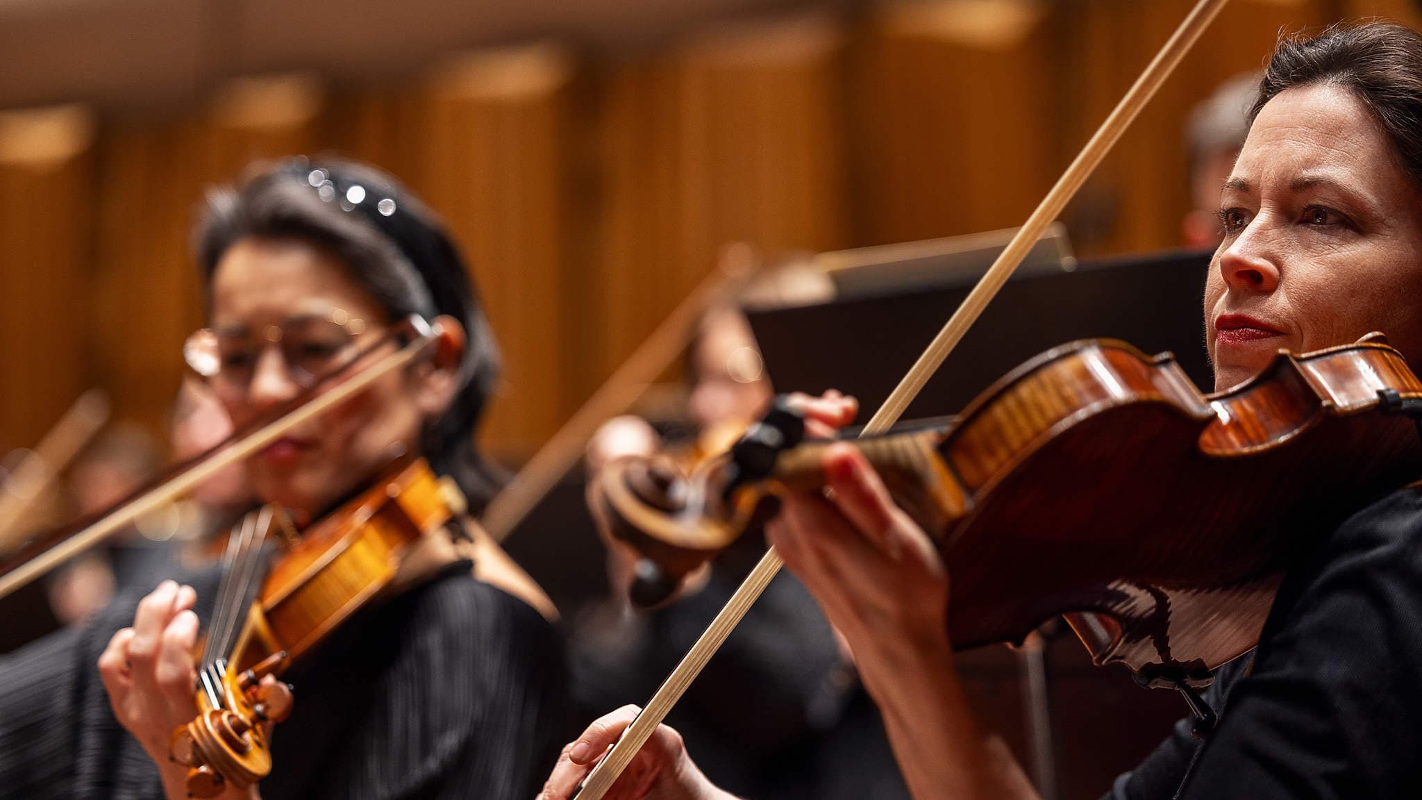 Två violinister spelar i orkestern.
