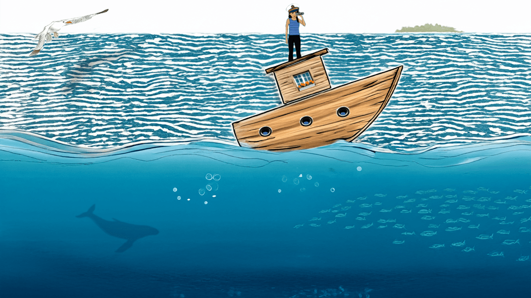 Illustration av en träbåt som guppar på havet. Långt borta skymtar land. På båten står en kvinna med kaptenshatt och kikare, och kikar ut över horisonten. Under havsytan simmar fiskstim och långt borta syns skuggan av en val.