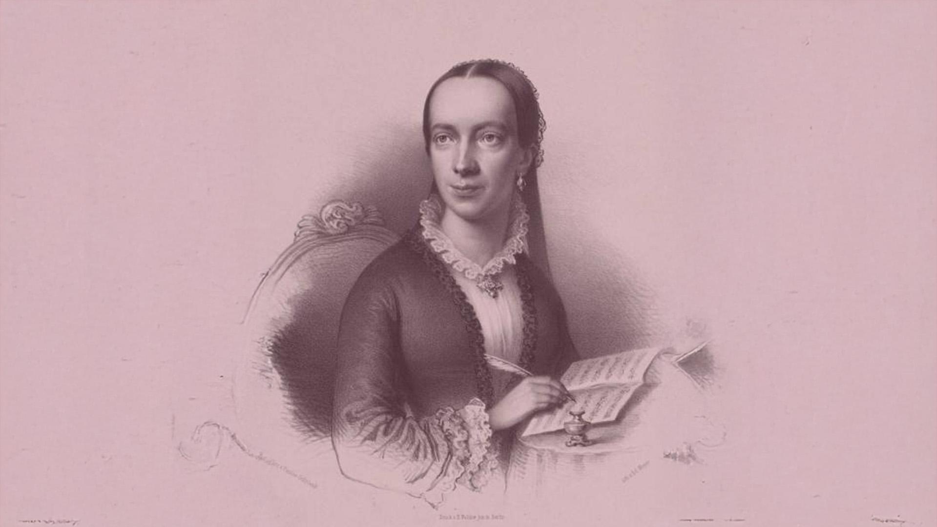 Porträttmålning av Emilie Mayer som håller en gammeldags bläckpenna med fjäder mot en öppen bok. Hon tittar åt sidan.