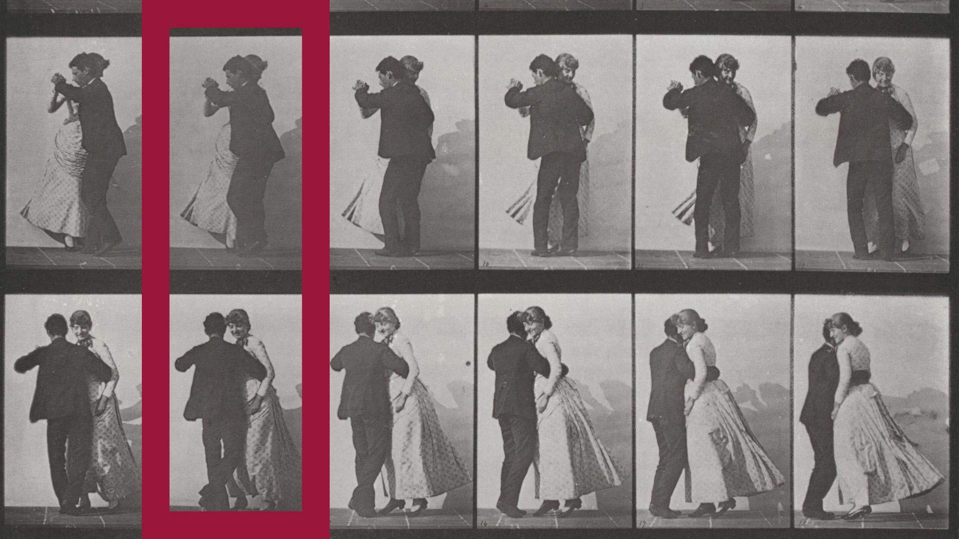 En kontaktkarta i svartvitt med en man och en kvinna som dansar vals tillsammans. Två av bilderna är inramade av en rektangel i hallonrött.