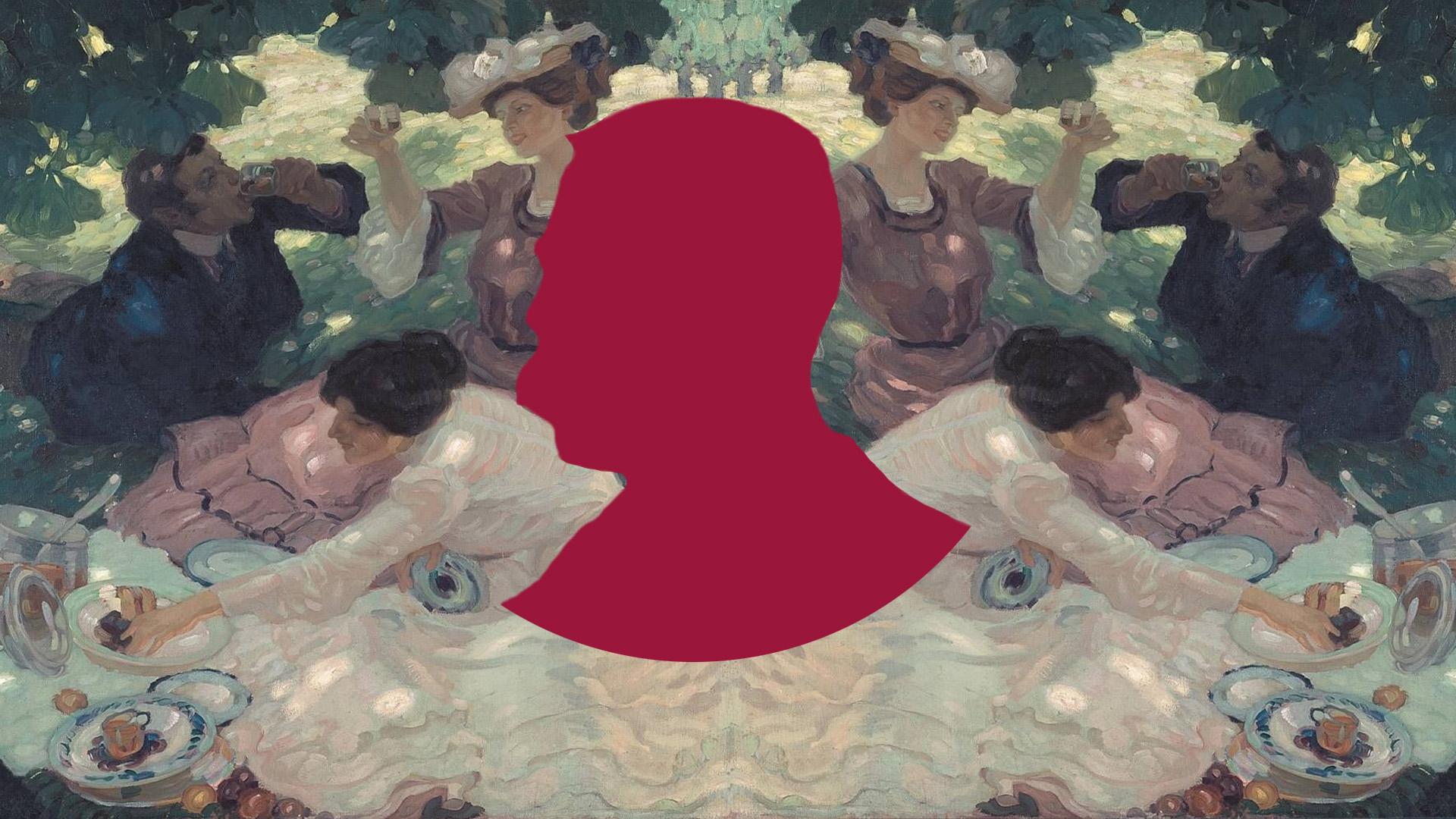 Siluett i hallonrött av Elgars mustasch-prydda profil, med målningen Picknick av Leo Putz i bakgrunden, föreställande tre vänner som äter och dricker i grönskan.