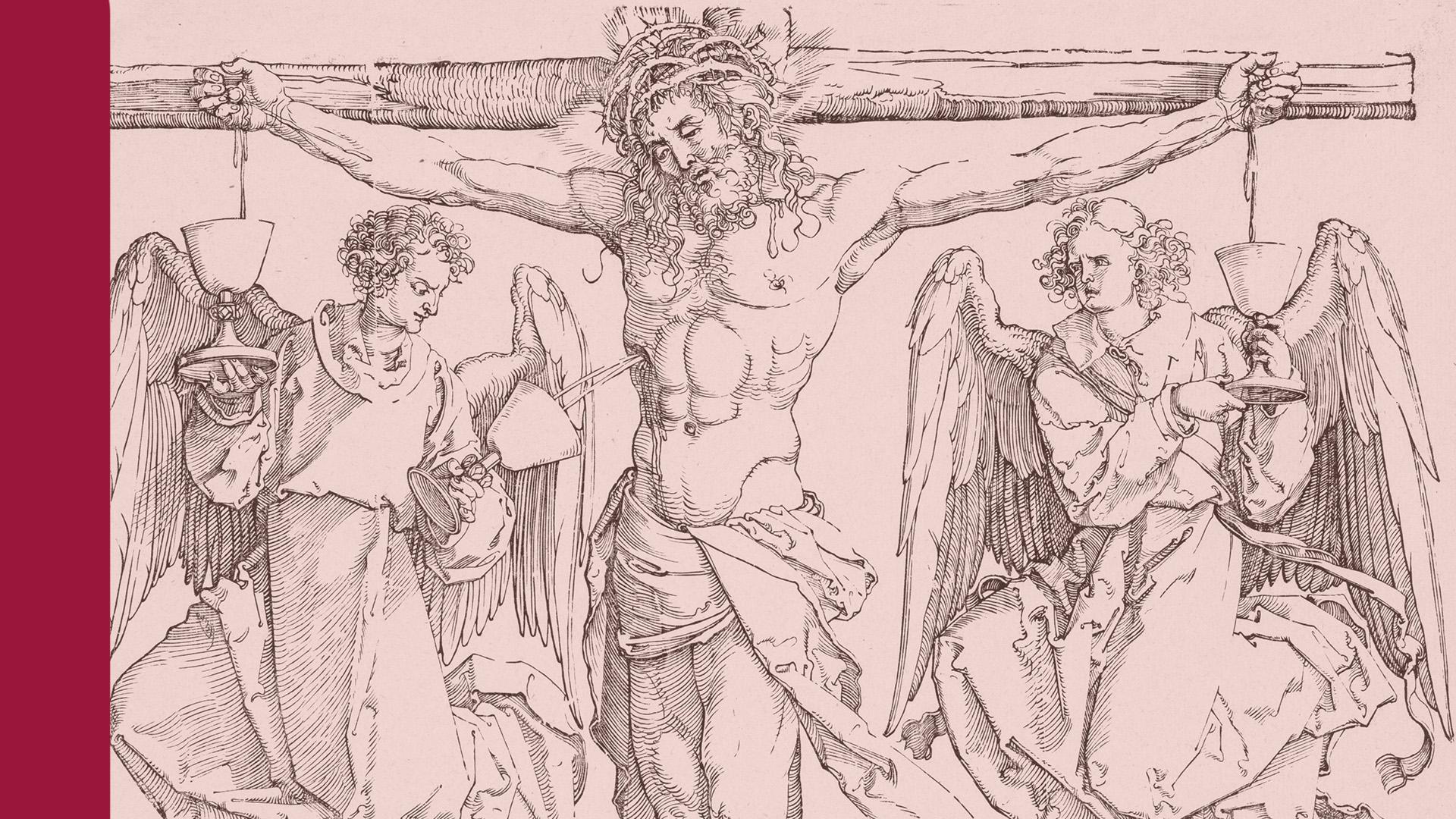 En skissad bild av Jesus på korset med en ängel på varje sida om honom.