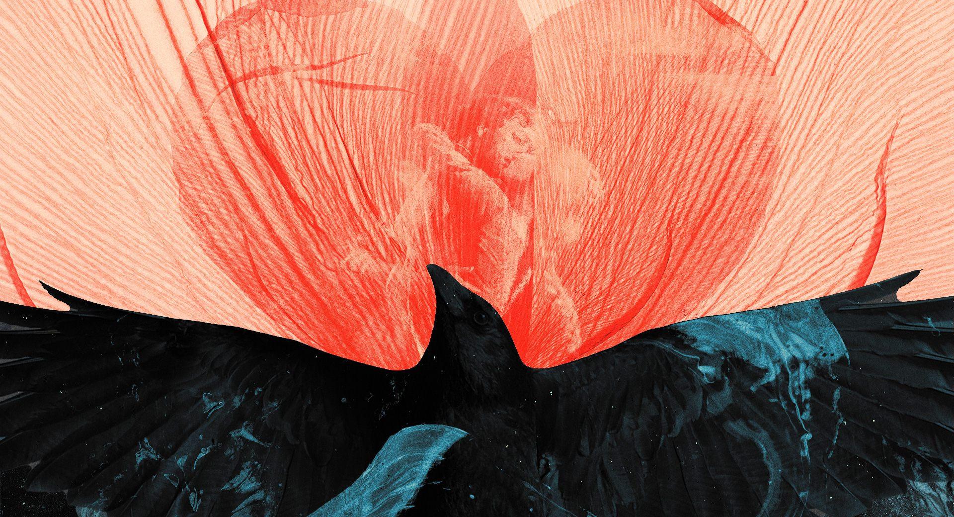 Dramatisk bild på svart fågel och hjärta med ett omslingrat par