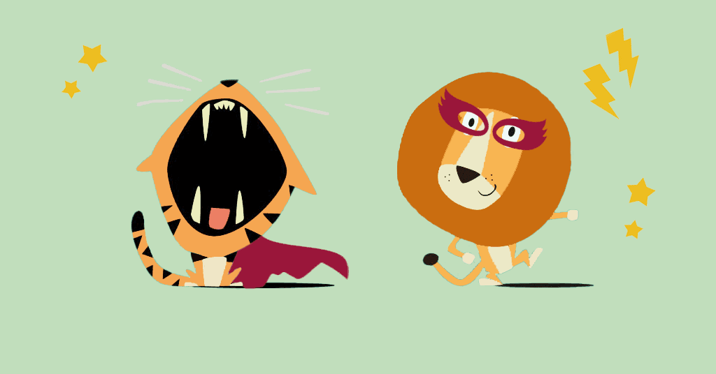 Illustration av en tiger med öppet gap och ett lejon som dansar.
