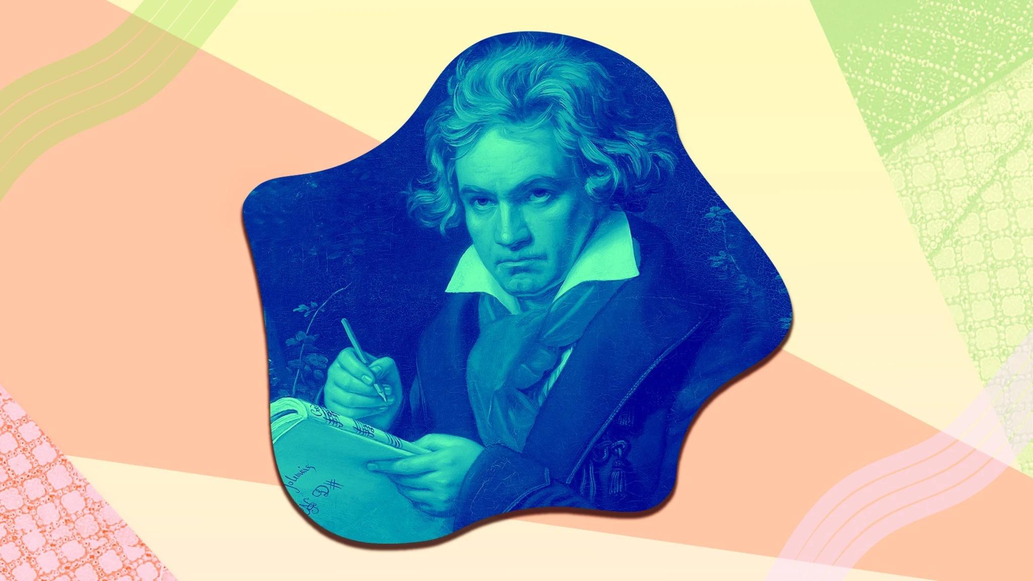 Bild på Beethoven i mitten som har ett nothäfte och en penna i sin hand. Hans hår är yvigt och han har stora skjortkragar och scarf.