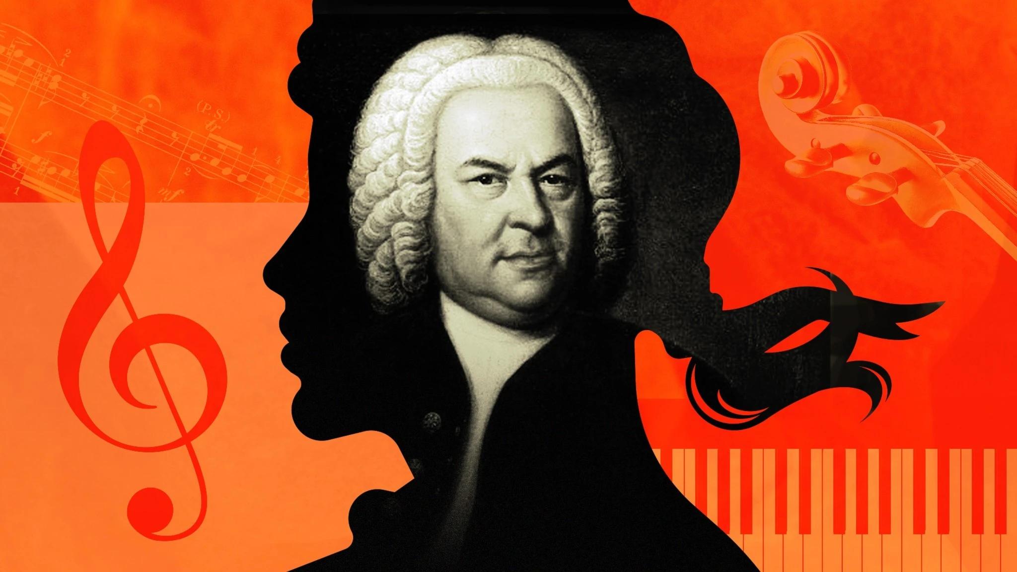 Kollage av porträttbild på Bach iförd peruk omgiven av illustrationer av instrument.