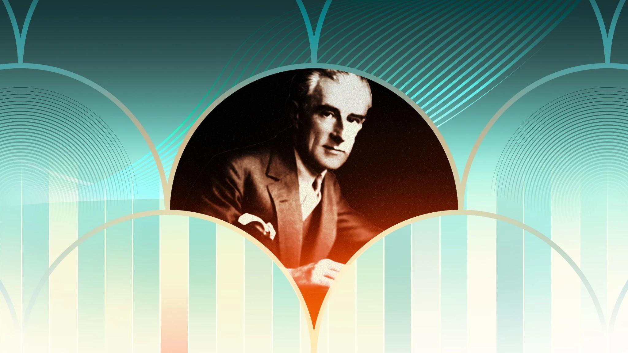 Kollage med porträtt av Ravel i mitten. Han bär kostym och har en näsduk i fickan.