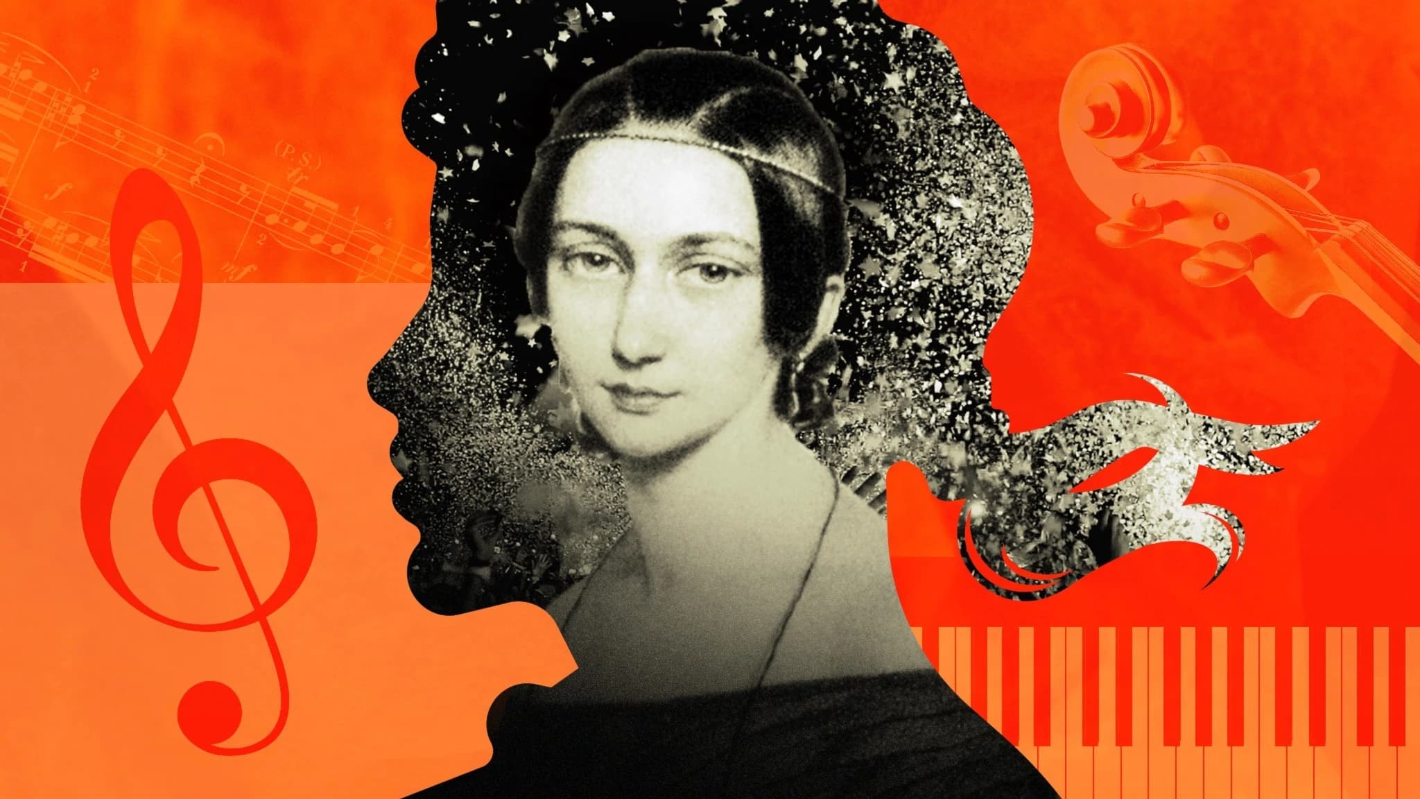 Dekorativ bild, kollage med porträtt av Clara Schumann i mitten och illustrationer av instrument runt om hennes ansikte.