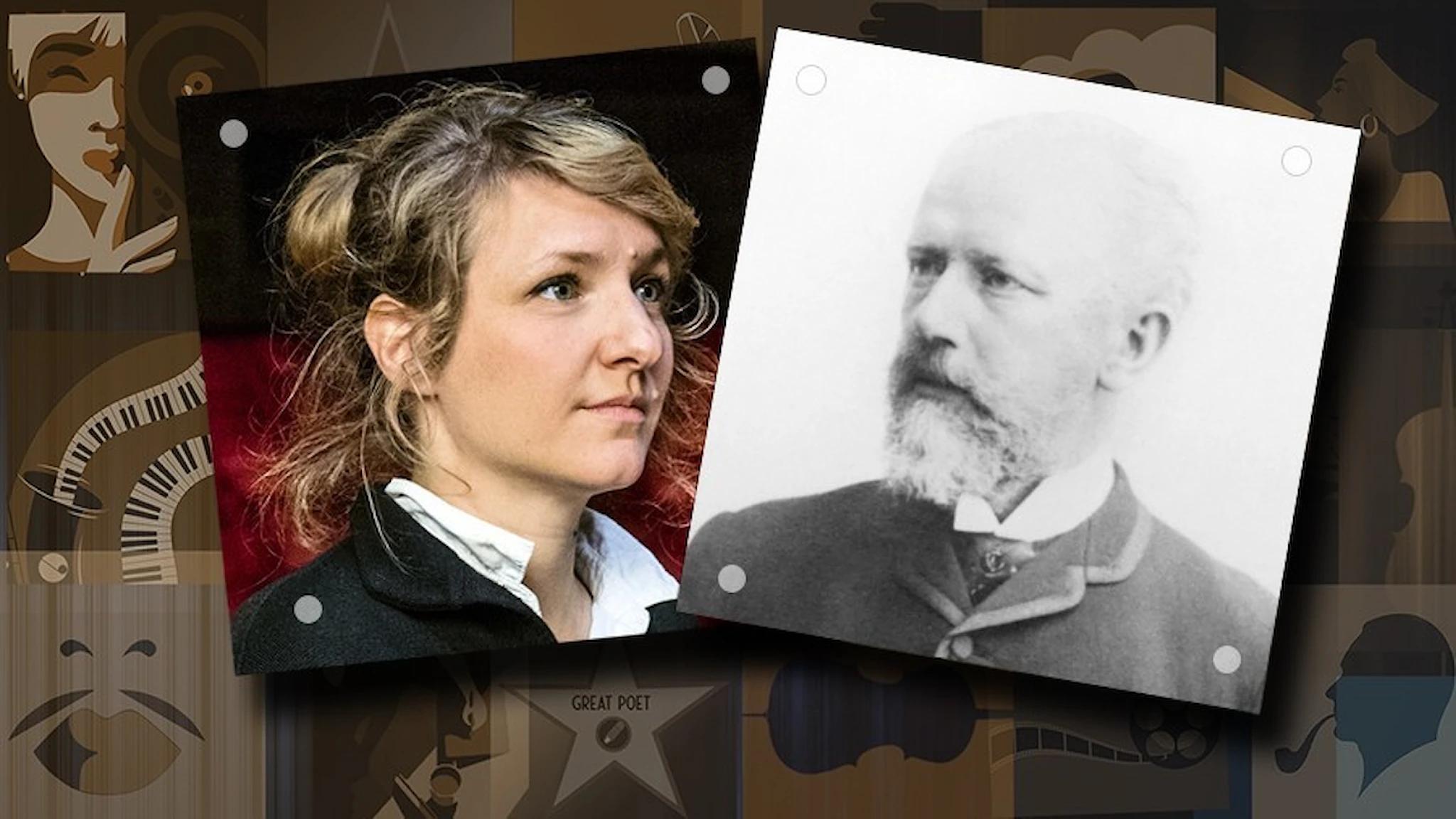 Kollage av två bilder. Den ena en porträttbild av Andrea Tarrodi med uppsatt hår och den andra föreställer Tjajkovskij.