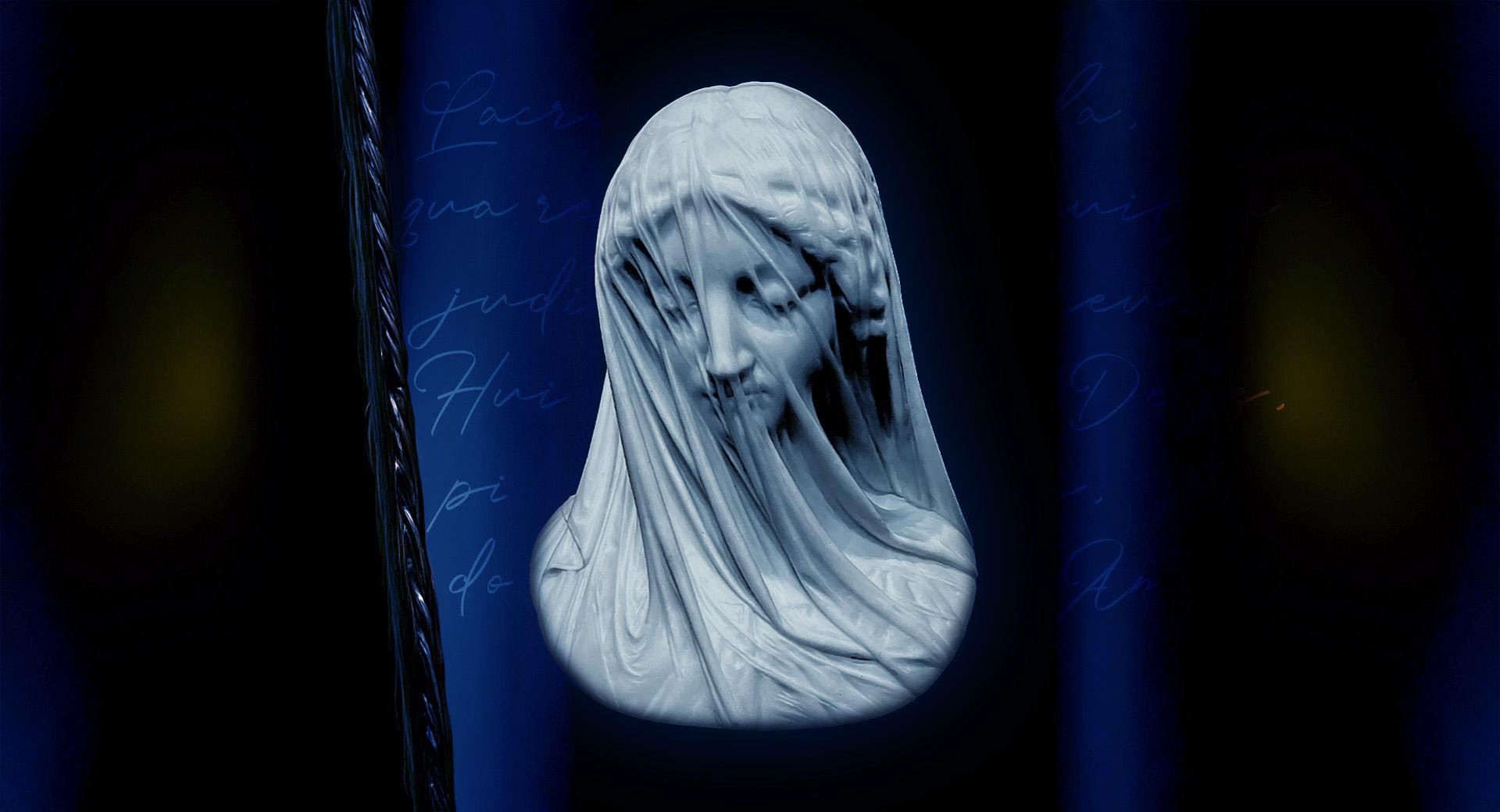 Bild på en porträttbyst i marmor av en kvinna med slöja framför ansiktet. Bakgrunden är mörkt blå och man kan ana text.