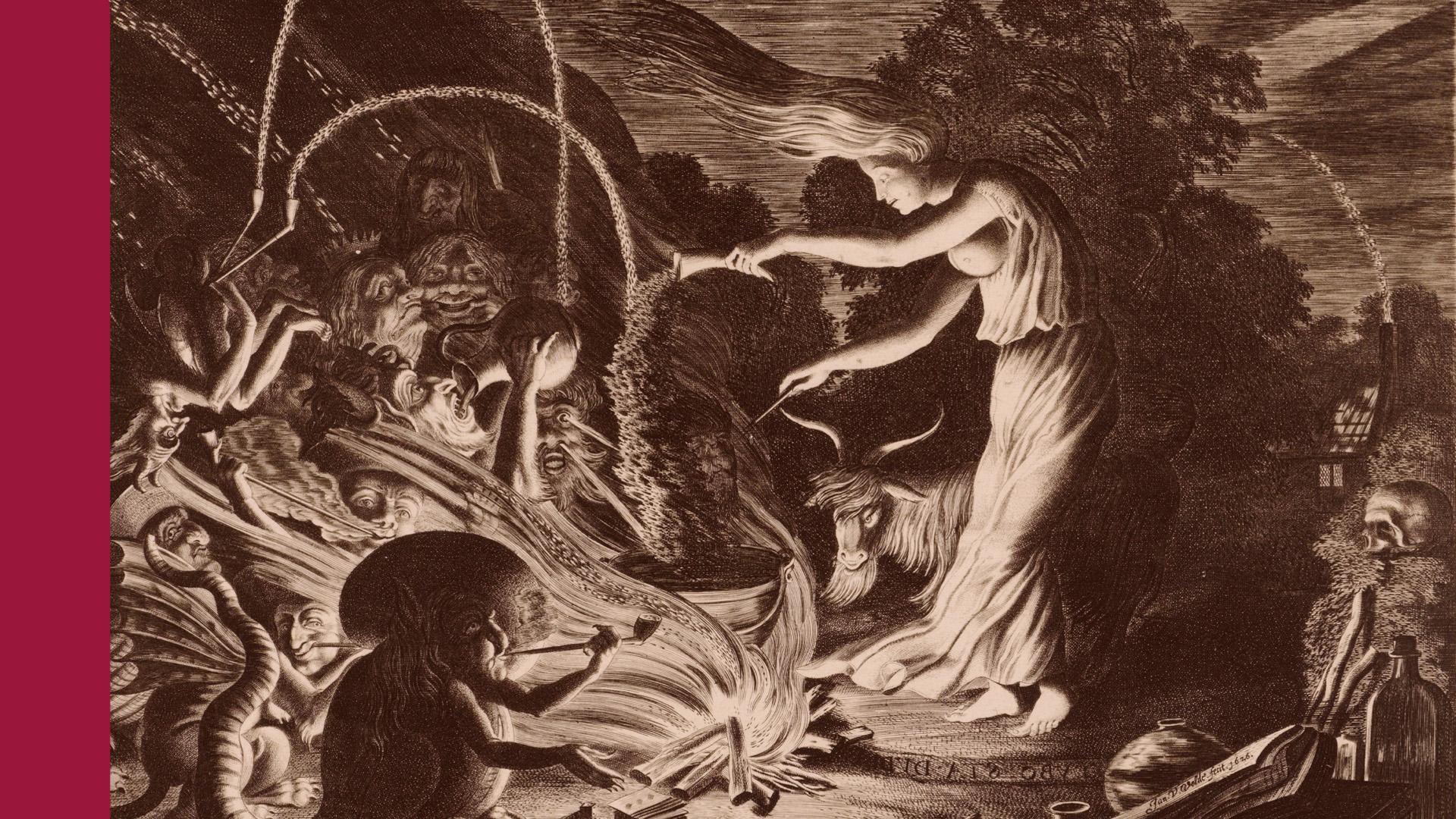 En etsning föreställande en ung, vacker häxa vid en kittel över eld, omringad av sagovarelser och monster. Till vänster ligger ett tjockt streck i hallonrosa.