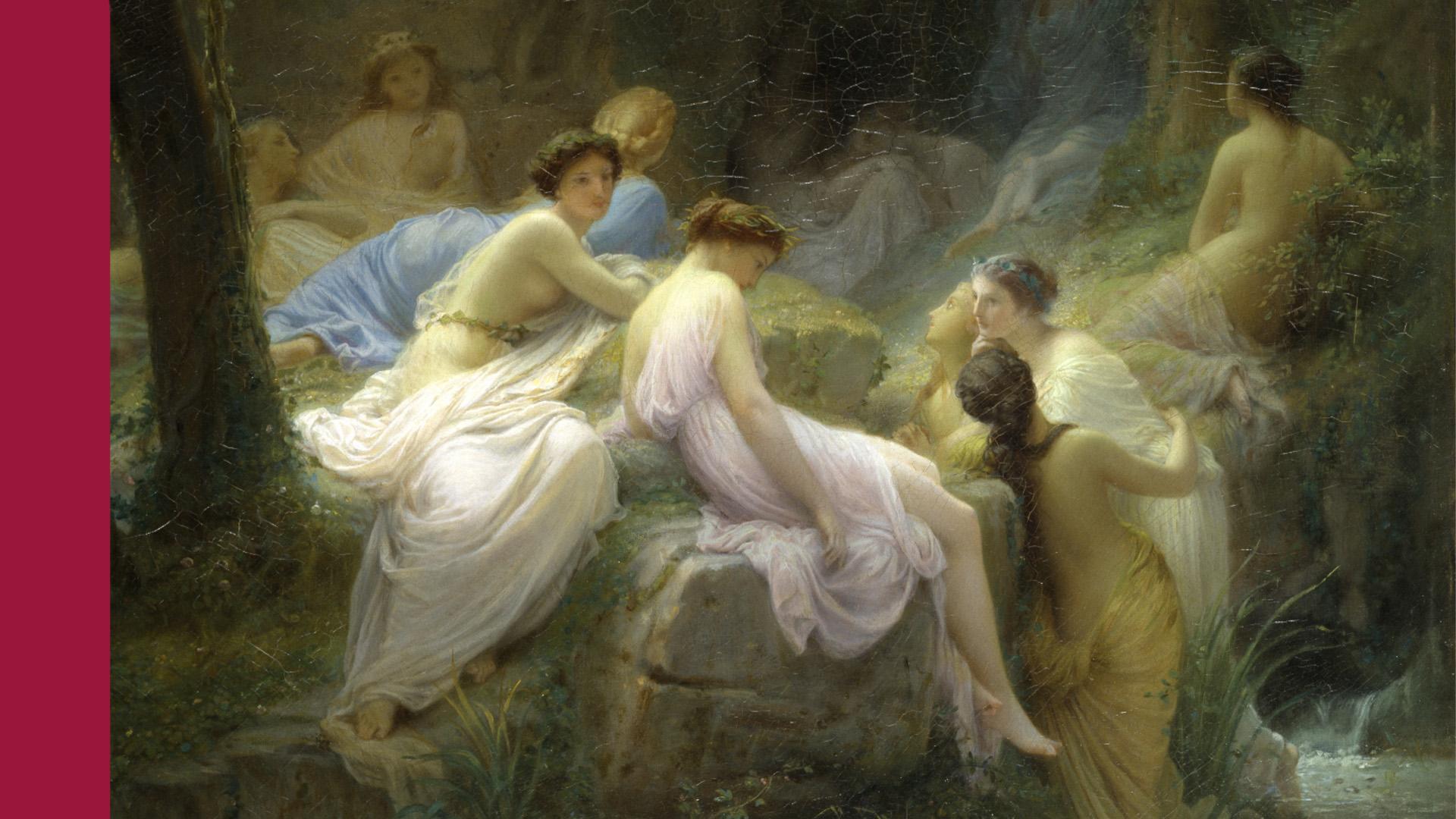 Oljemålning av sidenklädda nymfer som lyssnar till Orfeus sånger i skogen. Till vänster ligger ett tjockt streck i hallonrött.