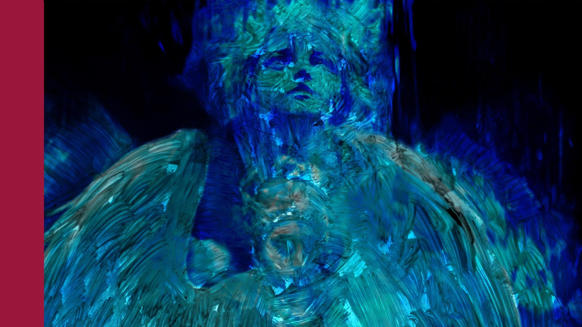 Detalj av oljemålningen Singing Angels, föreställande ett änglaansikte i blått och grönt mot svart bakgrund som blickar uppåt. Till vänster ligger ett tjockt streck i hallonrött.