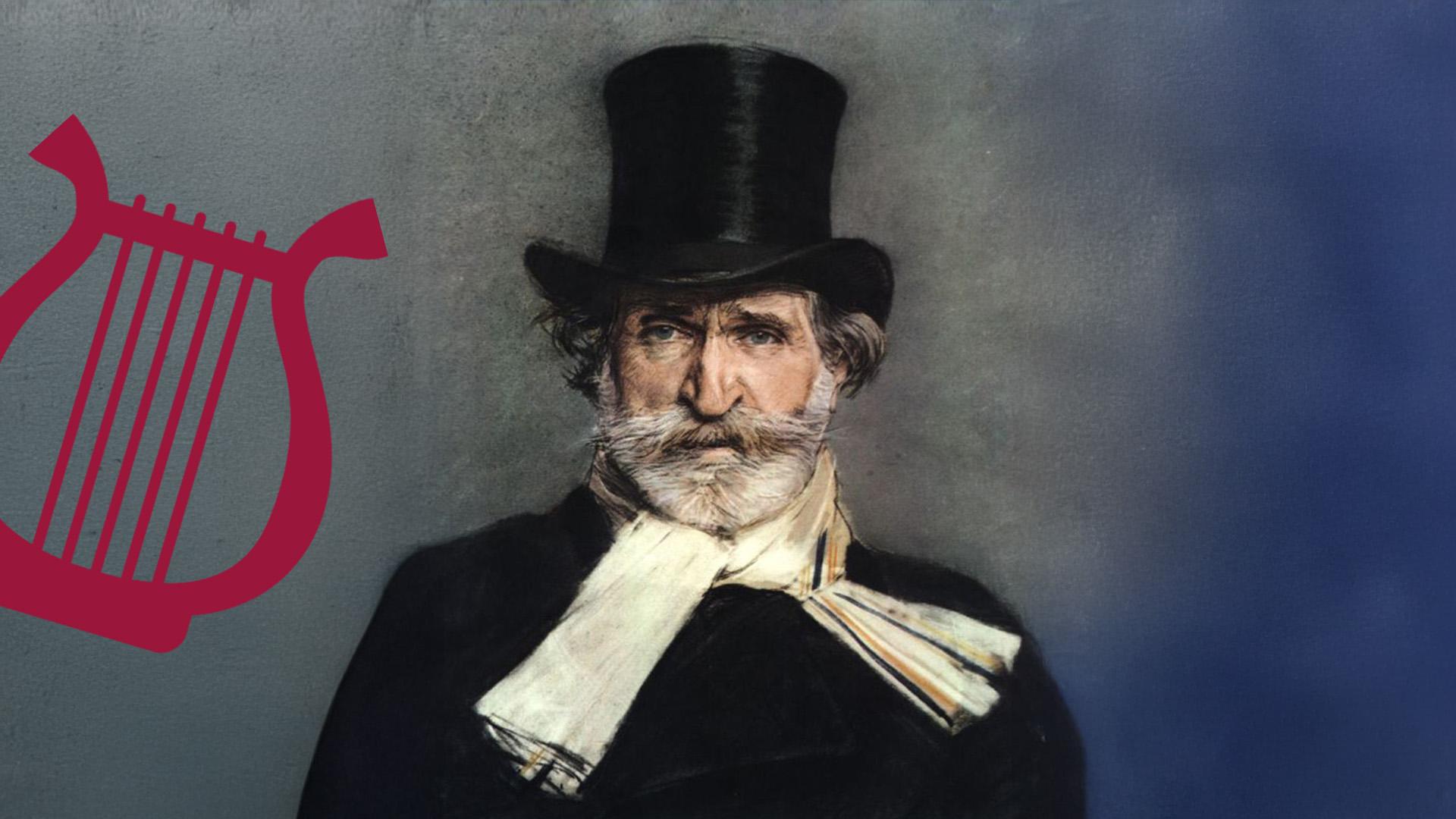 Pastellporträtt av Giuseppe Verdi av Giovanni Boldini, 1886. Till vänster ligger en harpa-symbol i hallonrött.