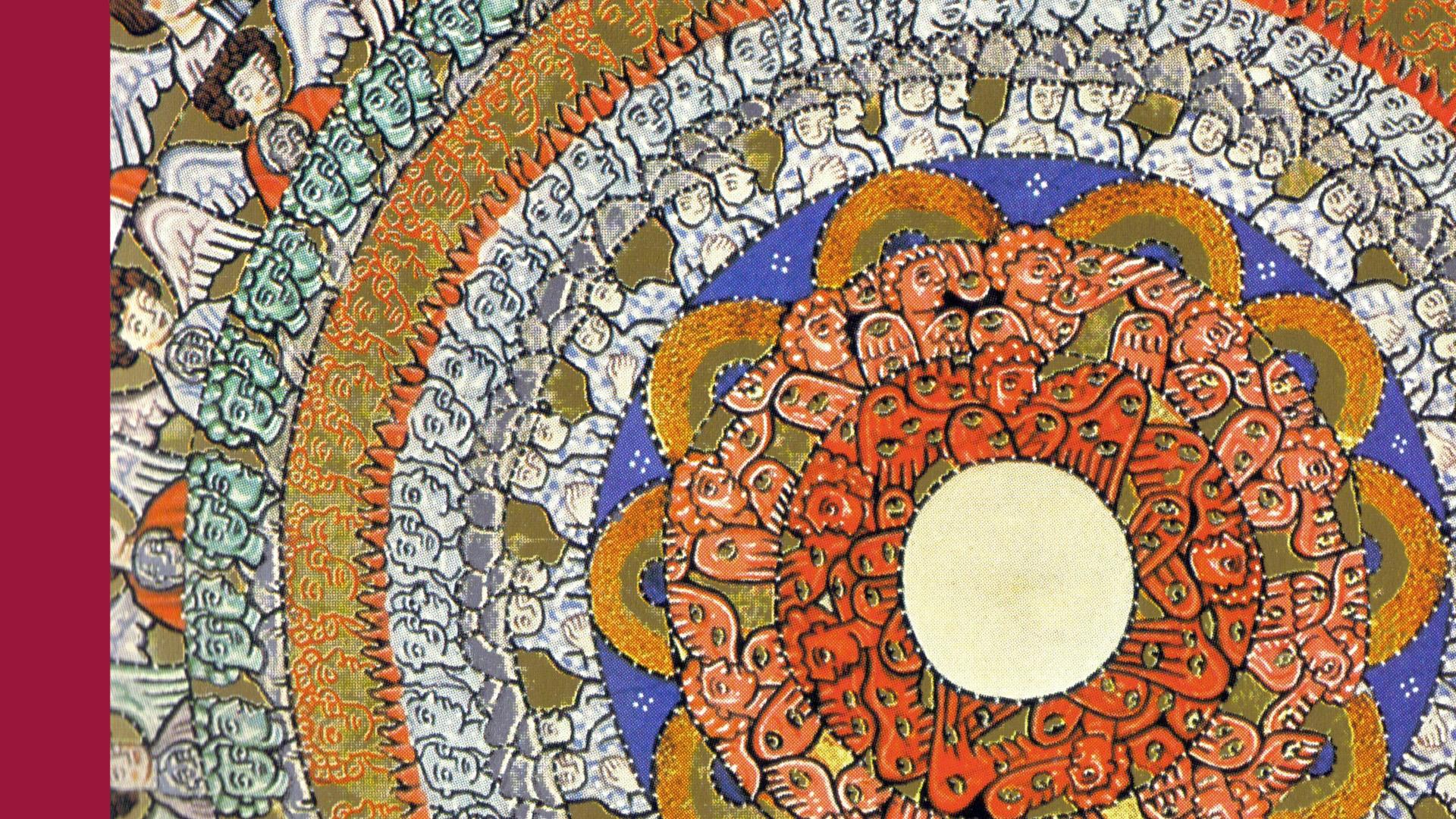 Detalj från Hildegard von Bingens målning "Änglarnas körer" i orange, olivgrönt, lavendelblått, beige och svart. På vänster sida finns ett tjockt streck i Berwaldhallens hallonröda färg.